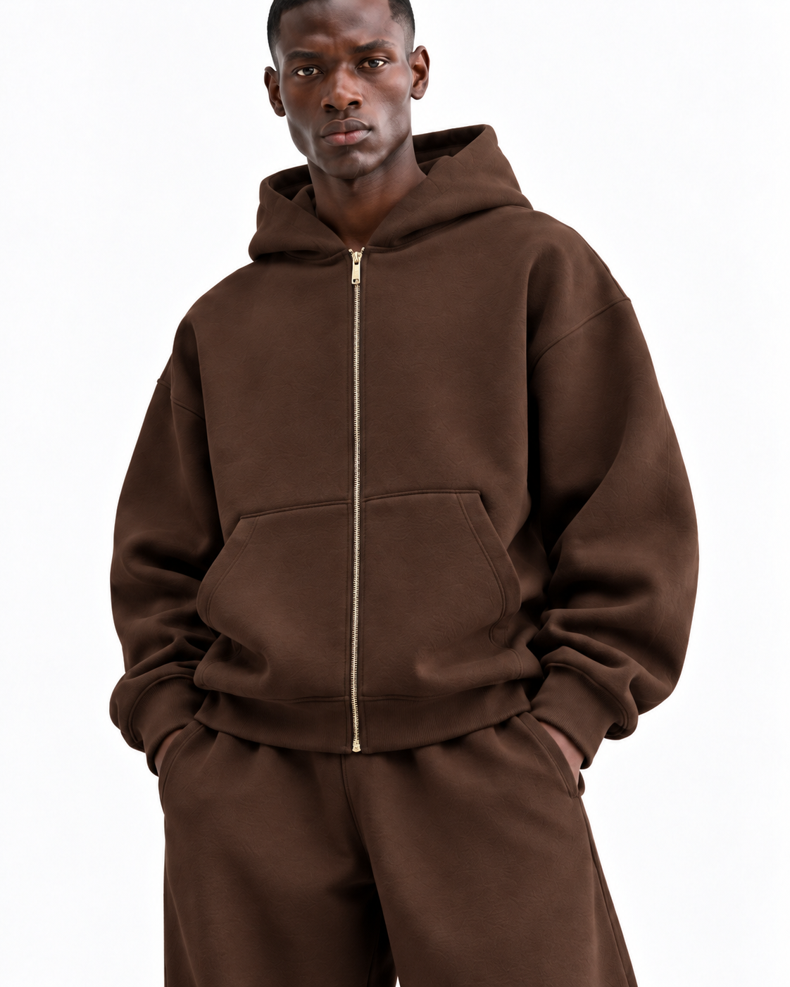 Ensemble hoodie zippé oversize — Marron — détails