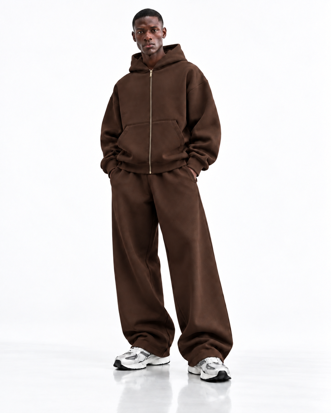Ensemble hoodie zippé oversize — Marron — face
