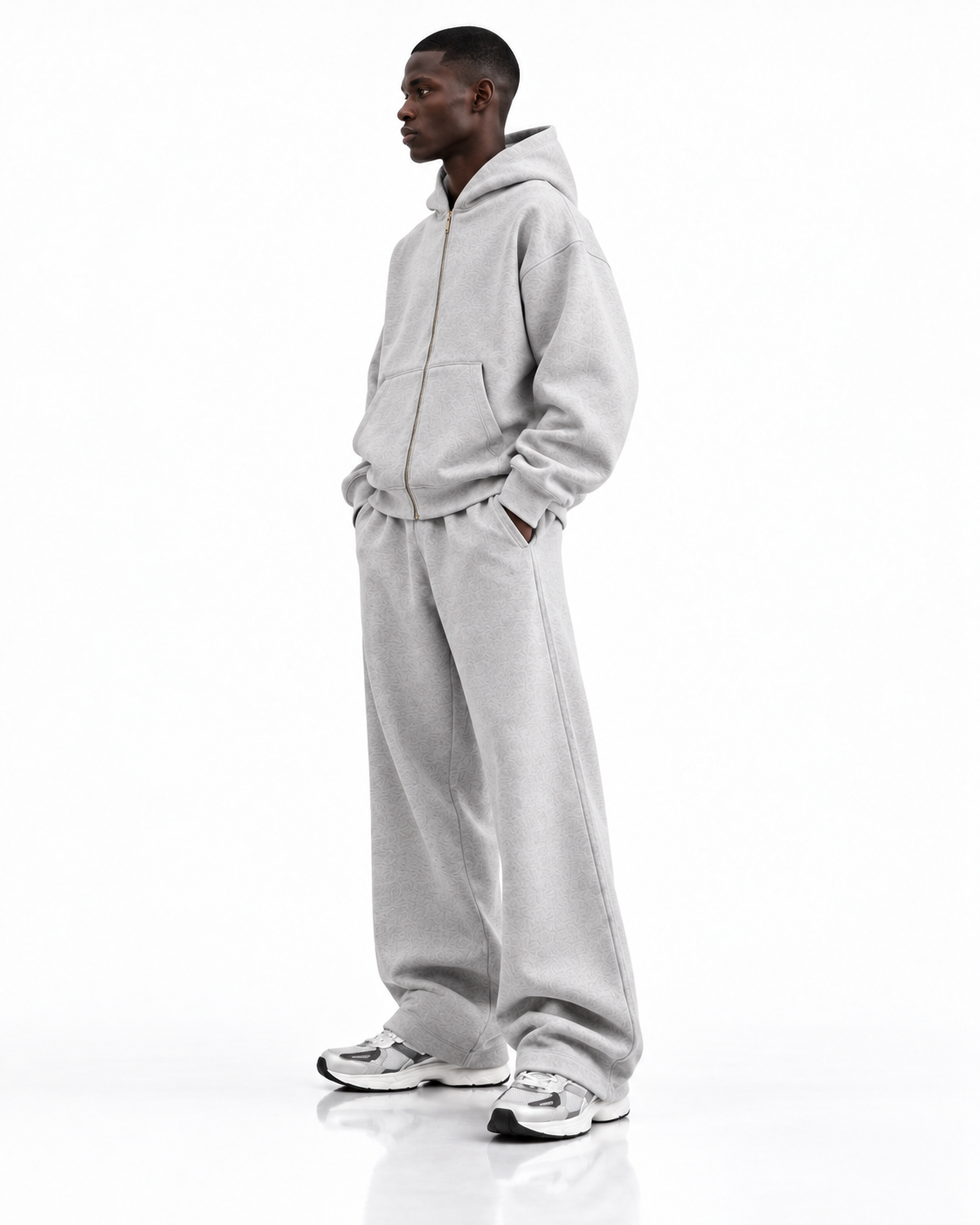 Ensemble hoodie zippé oversize — Gris chiné — profil