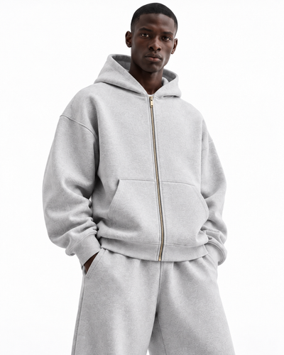 Ensemble hoodie zippé oversize — Gris chiné — détails
